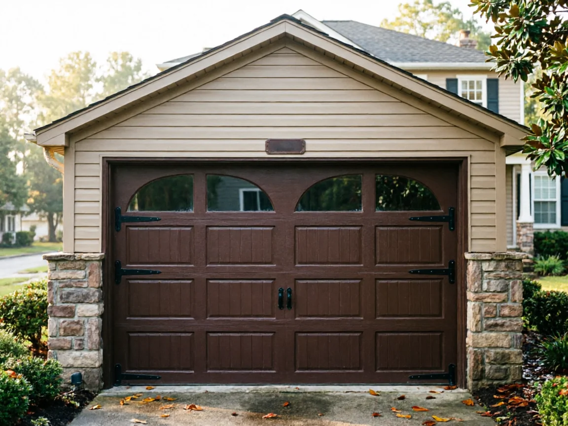 A brown garage door with decorative black hinges and arched windows on a house.
