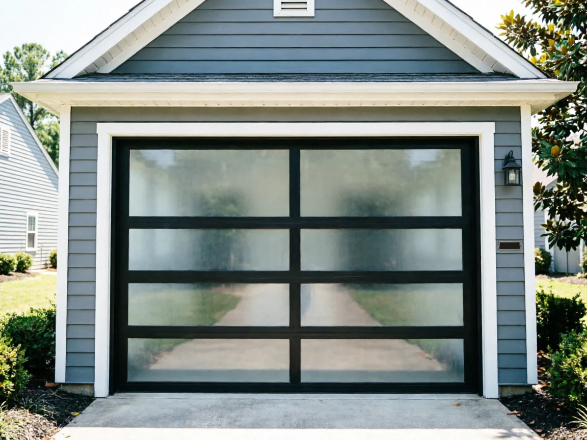 A modern garage door with frosted glass panels and black frames.