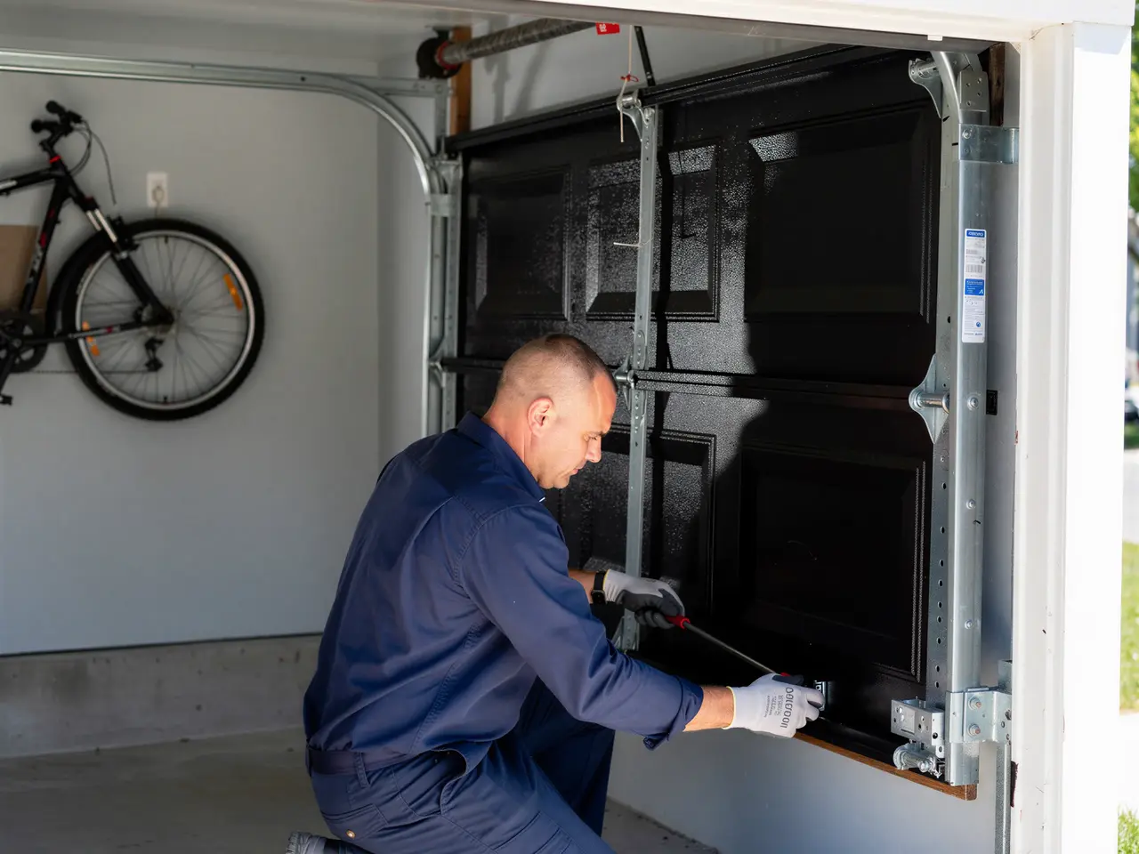 A technician in a blue uniform is repairing a black garage door.
